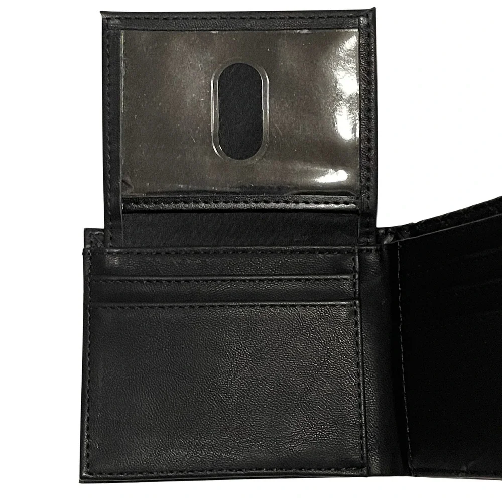 BC Ethic‎ Mens Bifold Wallet Black Faux Leather ID Window Logo Patch NWOT